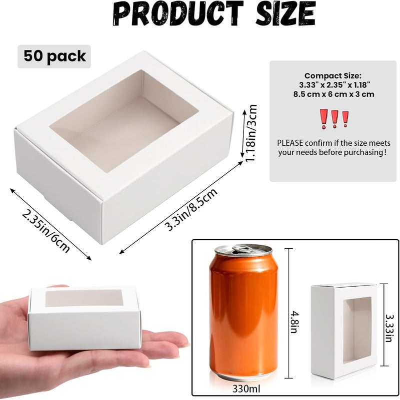 BadenBach 50 Pack Mini Rectangle Kraft Paper Boxes with Clear Windows,3.33" x 2.35" x 1.18",Tiny Small Homemade Soap Packaging Box Small Gift Boxes Bulk for Treat Candy Cookies Party Favors (White) - Image 2